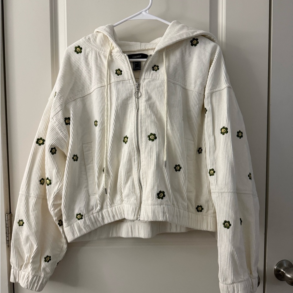 Forever 21 white corduroy jacket with embroidered flowers